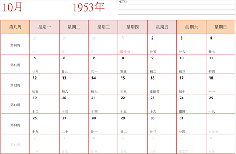 日历表1953年